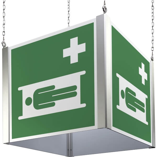 Erste-Hilfe-Schild: Krankentrage | Deckenwürfel | 40x40cm