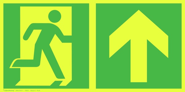 Rettungszeichen PLUS: Notausgang rechts geradeaus / aufwärts | Aufkleber | 40x20cm
