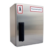 A4-Wandschrank für Feuerwehrpläne | Edelstahl | Schwenkhebelgriff für Profilhalbzylinder