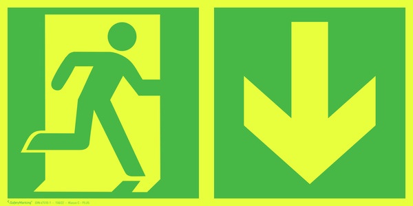 Rettungszeichen PLUS: Notausgang rechts abwärts | Aluminium | 30x15cm