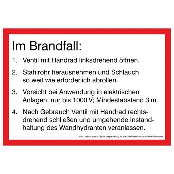 Hinweisschild für die Feuerwehr: Bedienungsanleitung: Wandhydrant mit formstabilem Schlauch | Aufkleber | 29,7x21cm