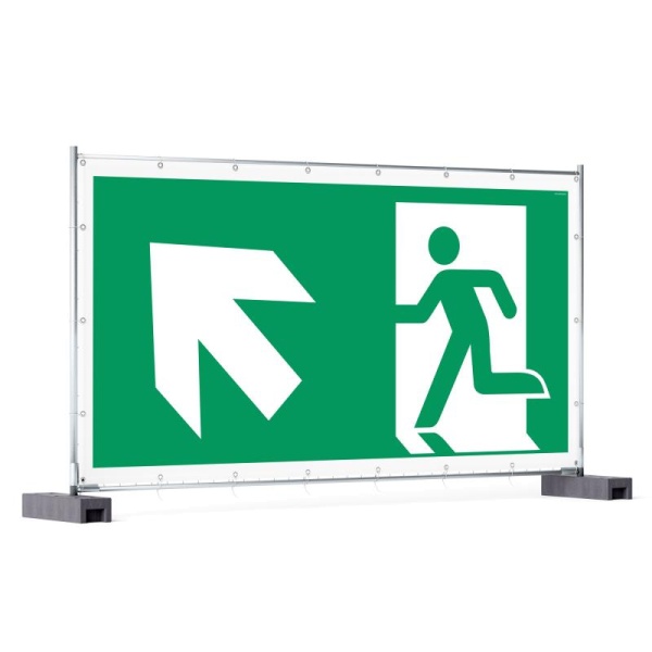 Rettungzeichen: Rettungsweg links aufwärts | Bauzaunbanner | 340x173 cm 