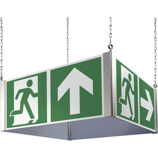 Rettungszeichen: Notausgang mit Zusatzzeichen | Deckenwürfel | 85,7x40cm