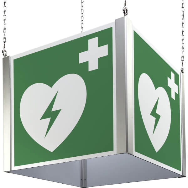 Erste-Hilfe-Schild: Defibrillator (AED) | Deckenwürfel | 30x30cm