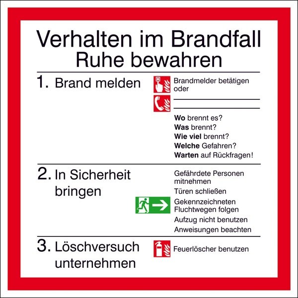 Brandschutschild: 'Verhalten im Brandfall' | Aufkleber | 20x20cm