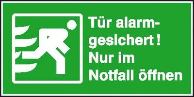 Rettungszeichen: Tür alarmgesichert! Nur im Notfall öffnen | Aufkleber | 14,8x7,4cm