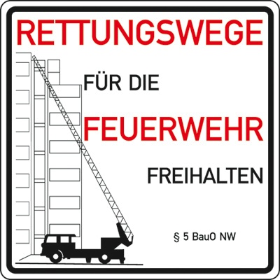 Hinweisschild für die Feuerwehr: Rettungswege, §5 BauO NW | Aluminium | 50x50cm