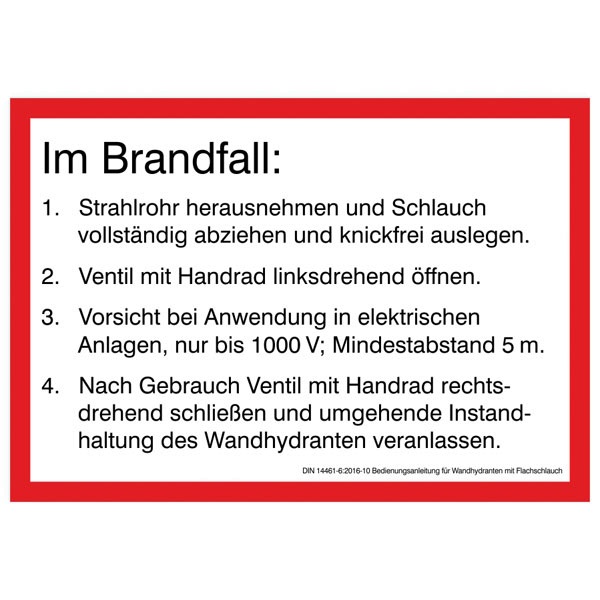 Hinweisschild für die Feuerwehr: Bedienungsanleitung: Wandhydrant mit Flachschlauch | Aufkleber | 29,7x21cm