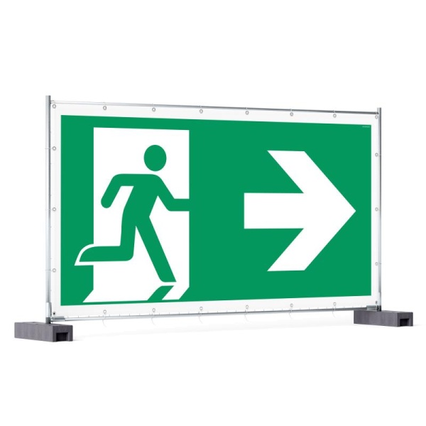 Rettungzeichen: Rettungsweg rechts | Bauzaunbanner | 340x173 cm 