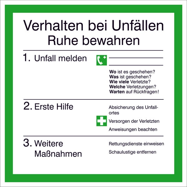 ✓ Erste-Hilfe-Aushang: Verhalten bei Unfällen