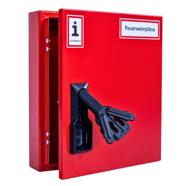 A4-Wandschrank für Feuerwehrpläne | Stahlblech RAL 3000 | Doppelschwenkhebel für 2 PHZ 